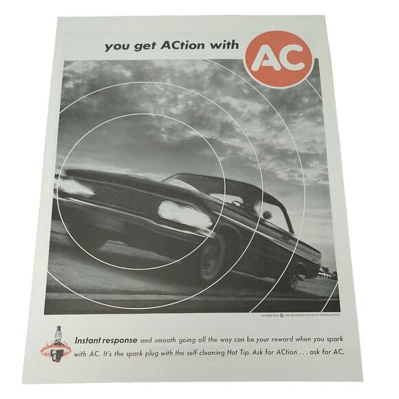 You‎ get ACtion with AC spark plugs automotive - Vtg Orig 1961 B&W Red PRINT AD - Picture 10 of 10